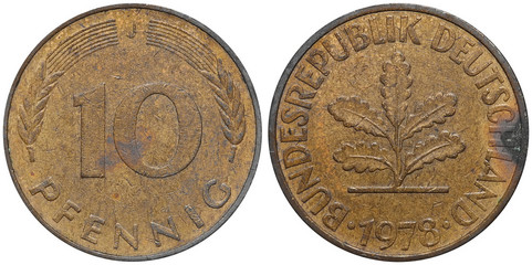 Ten Pfennig coin formerly used in Germany