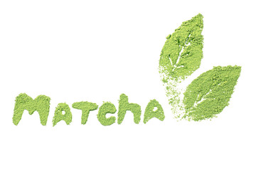 Matcha word by powdered matcha green tea, isolated on white
