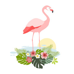 Flamingo on a floral background, vector illustration