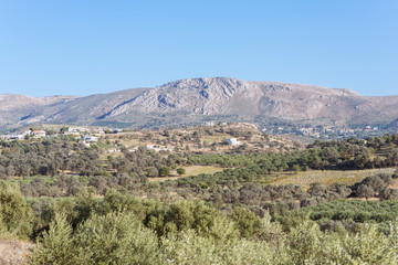 Fototapeta na wymiar View to Sivas. Panorama landscape from south-central Crete. In the background the Asterrusia mountains and the village Listaros. In the foothills the typical greek landscape with olive groves