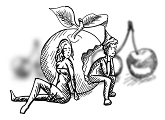 Foto auf Acrylglas kabouters zitten in een appel © emieldelange