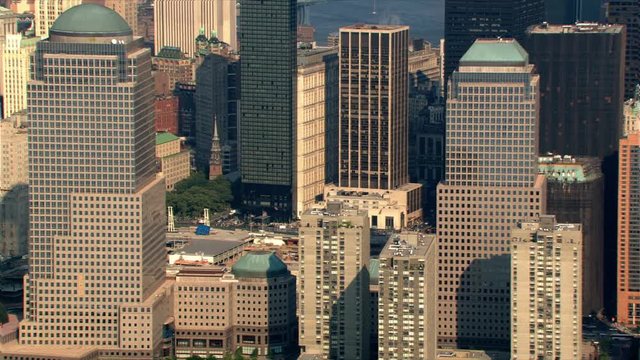 Aerial zoom-out from former World Trade Center site. Shot in 2003.