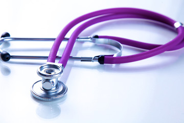 close up medical stethoscope on a white background