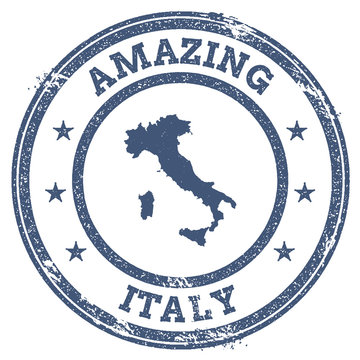 Vintage Amazing Italy Travel Stamp With Map Outline. Italy Travel Grunge Round Sticker.