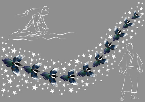 Vega, Altair and magpies. Hand drawn vector illustration on Tanabata (Star Festival), Japanese and Chinese legend.
