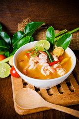 Tom yam kong or Tom yum soup. Thai food.