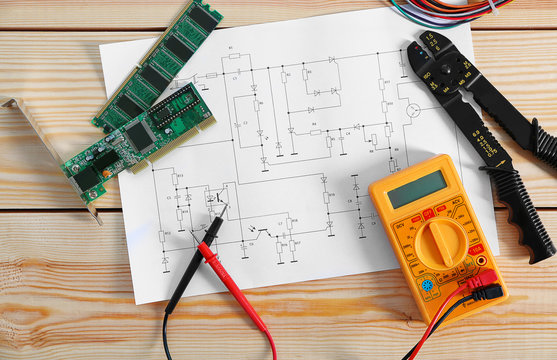 Electrical drawing with tools, top view
