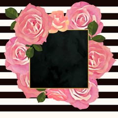 Trendy floral vector frame template. Paint textured botanic illustration. Watercolor cream and pink rose flowers with green leaves on striped texture  black velvet backdrop. - 114774567