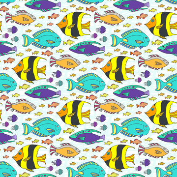 Vector doodle fishes pattern. Hand drawn marine seamless texture. Fabric swatch or kids textile