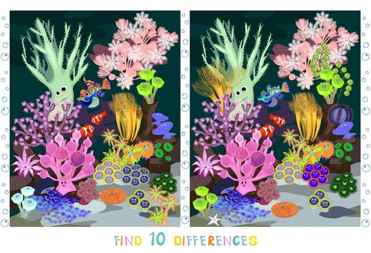 Funny marine animals in sea. Find ten differences