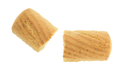 Vanilla cookie bar broken on a white background top view.