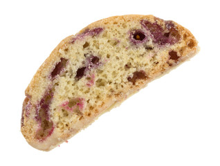 Cranberry almond biscotti with white chocolate on a white background.