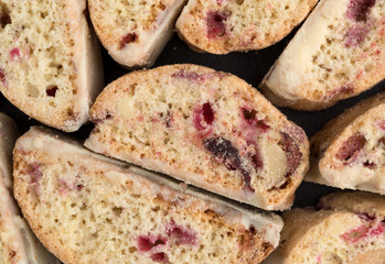 Close view of cranberry biscotti with white chocolate.
