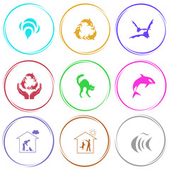 bee, killer whale as recycling symbol, bats, protection sea life