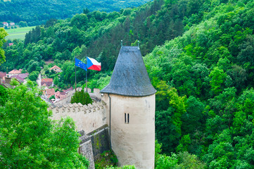 Tower of medieval gothic castle  Karlstejn near Prague( Czech Re
