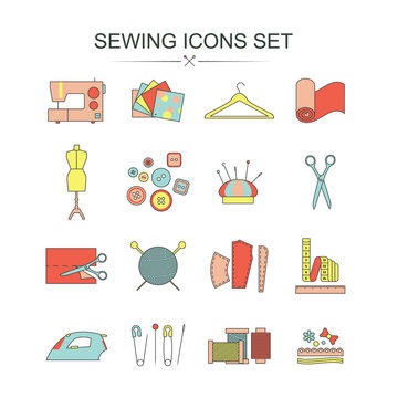 Vector sewing line icon set isolated