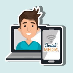 laptop user with social networking smartphone isolated icon design, vector illustration  graphic 