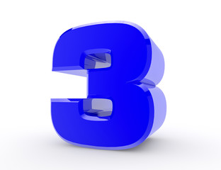 3d Blue number 3 on white background 3d rendering