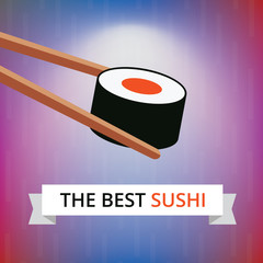 Sushi with chopsticks on light blue pink bamboo background. Vector maki