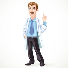 Doctor mustached man in a white medical coat explains something