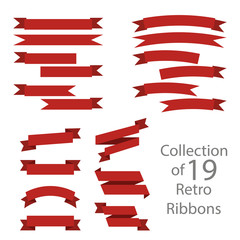 Collection of 19 retro ribbons on white background