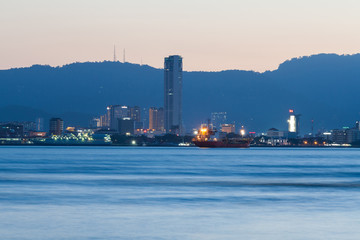 George Town City high rise building view with mountain and sea, Penang Malaysia