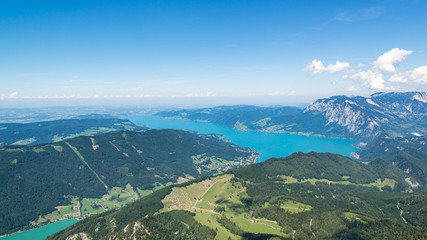 panoramic view of the Austrian Alps from Schafberg peak, lake Mondsee, St. Wolfgang, Austria
