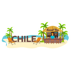 Obraz premium Beach Bar. Chile. Travell. Palm, drink, summer, lounge chair, tropical.