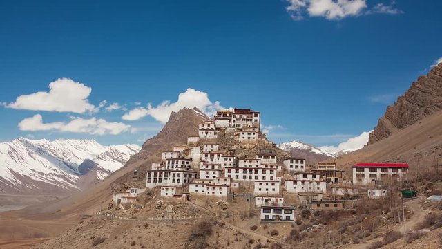 Time Lapse. Panorama of Key Gompa Monastery (4166 m) at sunrise. Spiti valley, India.