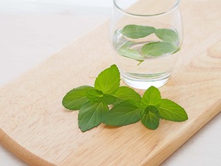 ミントの葉とミントを浮かべたグラスの水