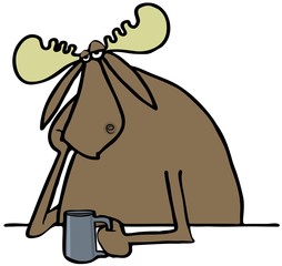 Depressed moose drinking coffee