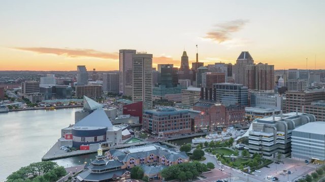 Baltimore, Maryland, USA downtown skyline time lapse at sunset.