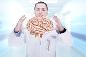 Doctor with stethoscope and brains on the hands in a hospital. High resolution.