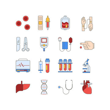 Colorful medical icon set made in line style. Vector blood and heart tests pictorgam collection.