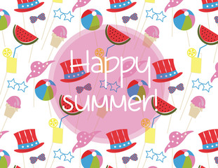 Summer time Holidays pattern with ice cream, toys, hats. Happy Holidays joyful pattern