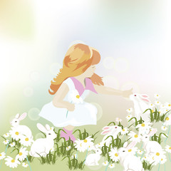 Fototapeta na wymiar Little girl playing with rabbits in a meadow of a flower. Vector beautiful sweet composition for Children's Day or Friendship Day