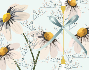 Vector Wedding card or invitation with Chamomile flowers in Vintage or Retro style.
