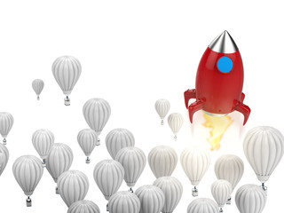 leadership concept with red rocket above hot air balloons