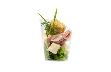 Mini Canape with meat and vegetables in plastic cups