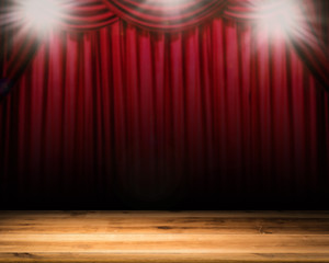 blank stage with shining flash light and red curtain background