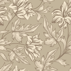 Fototapeta premium Floral seamless pattern. Flower background. Floral seamless engraving textured pattern