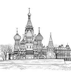 St Basil cathedral, towers and wall cityscape Russian famous place. Kremlin city view from Moscow river. Red square view, Moscow, Russia. Travel Russia vector illustration. 