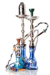 Group of eastern hookahs isolated on white background