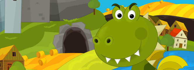 Cartoon illustration - green dragon near the village being happy - illustration for children
