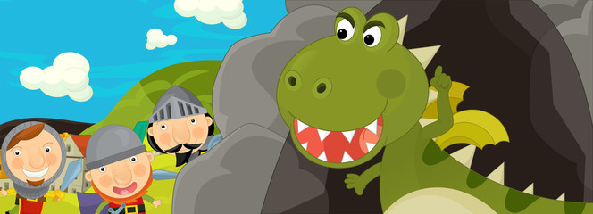 Cartoon scene - green dragon and the knights - illustration for the children