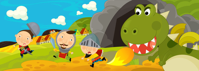 Obraz na płótnie Canvas Cartoon scene - green dragon and the knights - illustration for the children