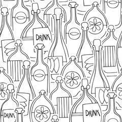 Different cartoon bottles. Monochrome Vector seamless pattern.
