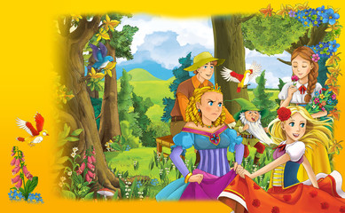 Fototapeta premium Cartoon scene of couple girl in the forest - being happy and dancing - with a boy sitting - manga girls - illustration for children