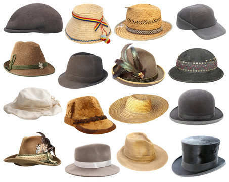 large collection of hats over white