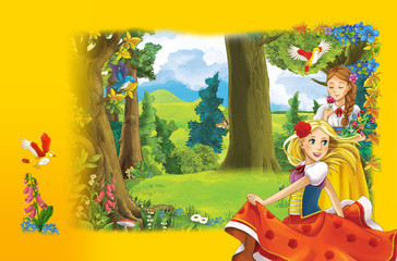Plakat Cartoon scene of couple girl in the forest - being happy and dancing - manga girls - illustration for children